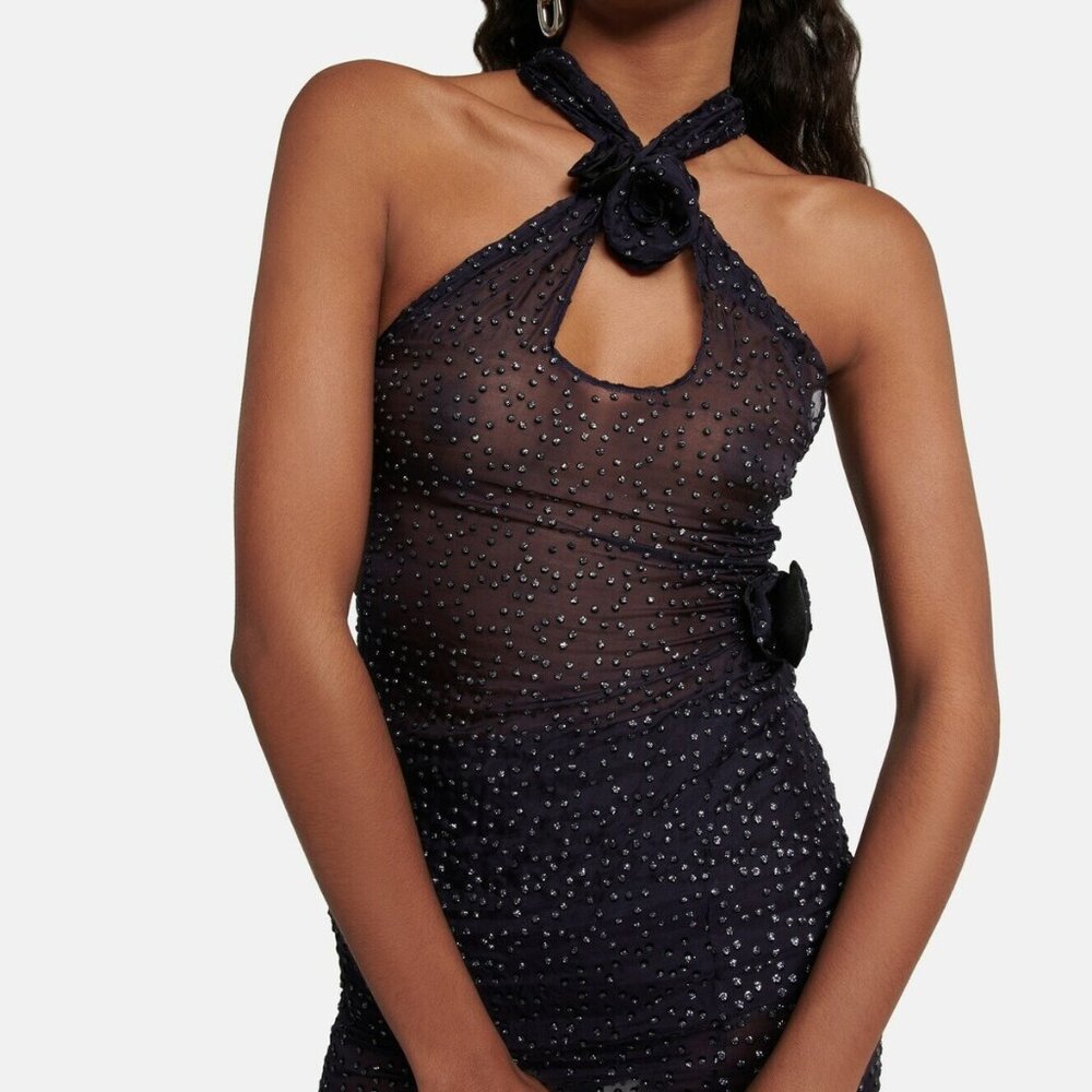 New Coperni Crossover Halter Neck Mini Dress in Dark Navy mesh sheer sparkle - Picture 2 of 10